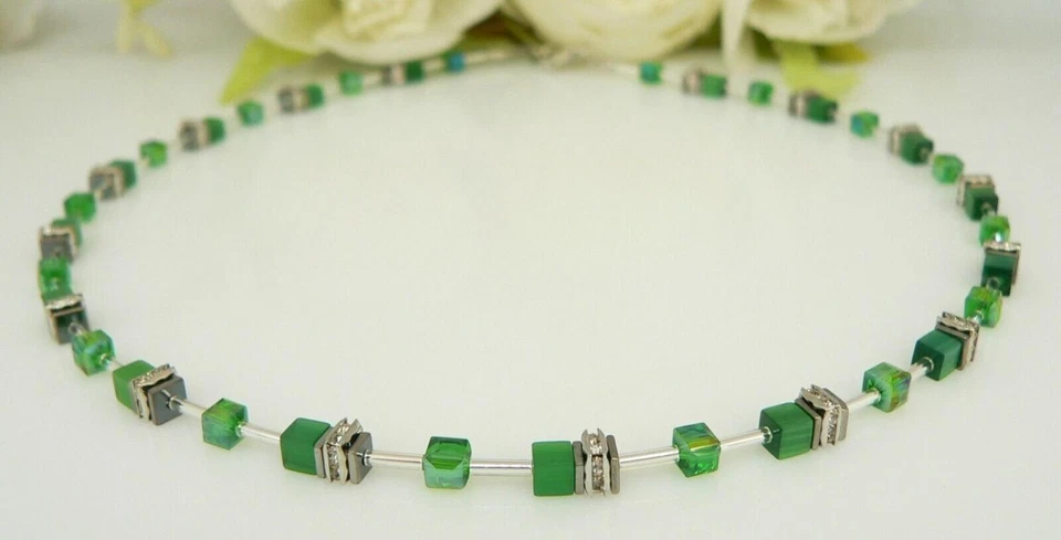 Würfelkette Halskette Collier Cat Eye Kristallglas grün dunkelgrün Strass 502s - Bild 3 von 4