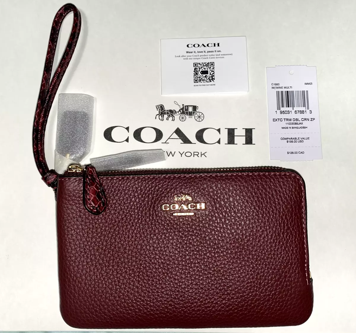 NWT Coach Exotic Trim Leather Double Corner Zip Wristlet Card Wallet Wine