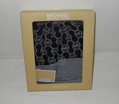 MICHAEL KORS,SCARF HAT SET MK LOGO PC BLACK/SILVER