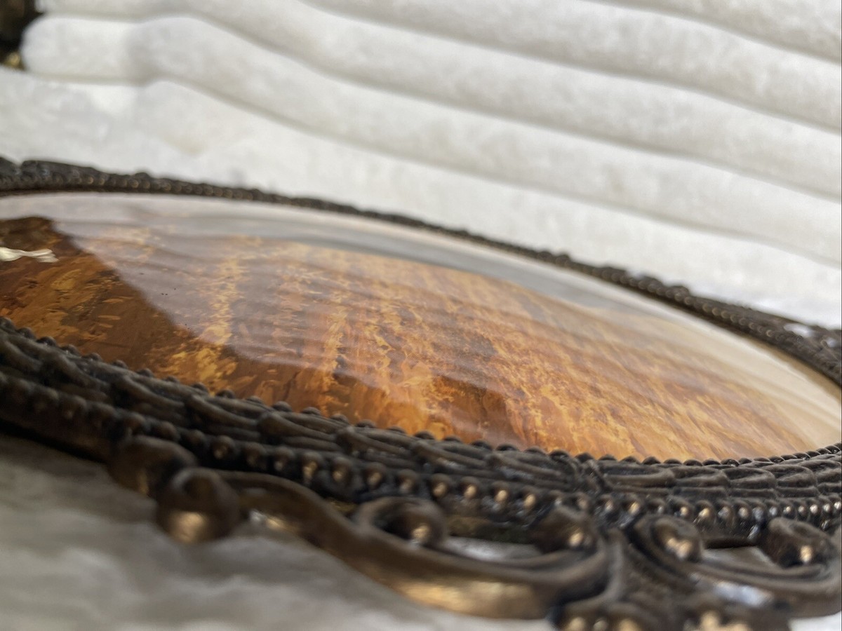 Pair Vintage Ornate Metal Brass Picture Frame Convex Bubble Glass