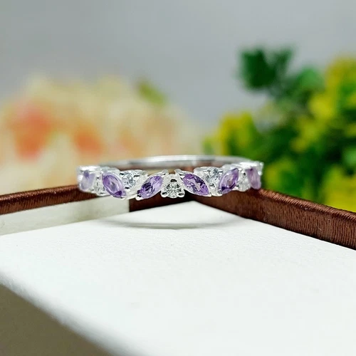 Natural Marquise Cut Purple Amethyst Band Half Eternity 925 Sterling Silver Band
