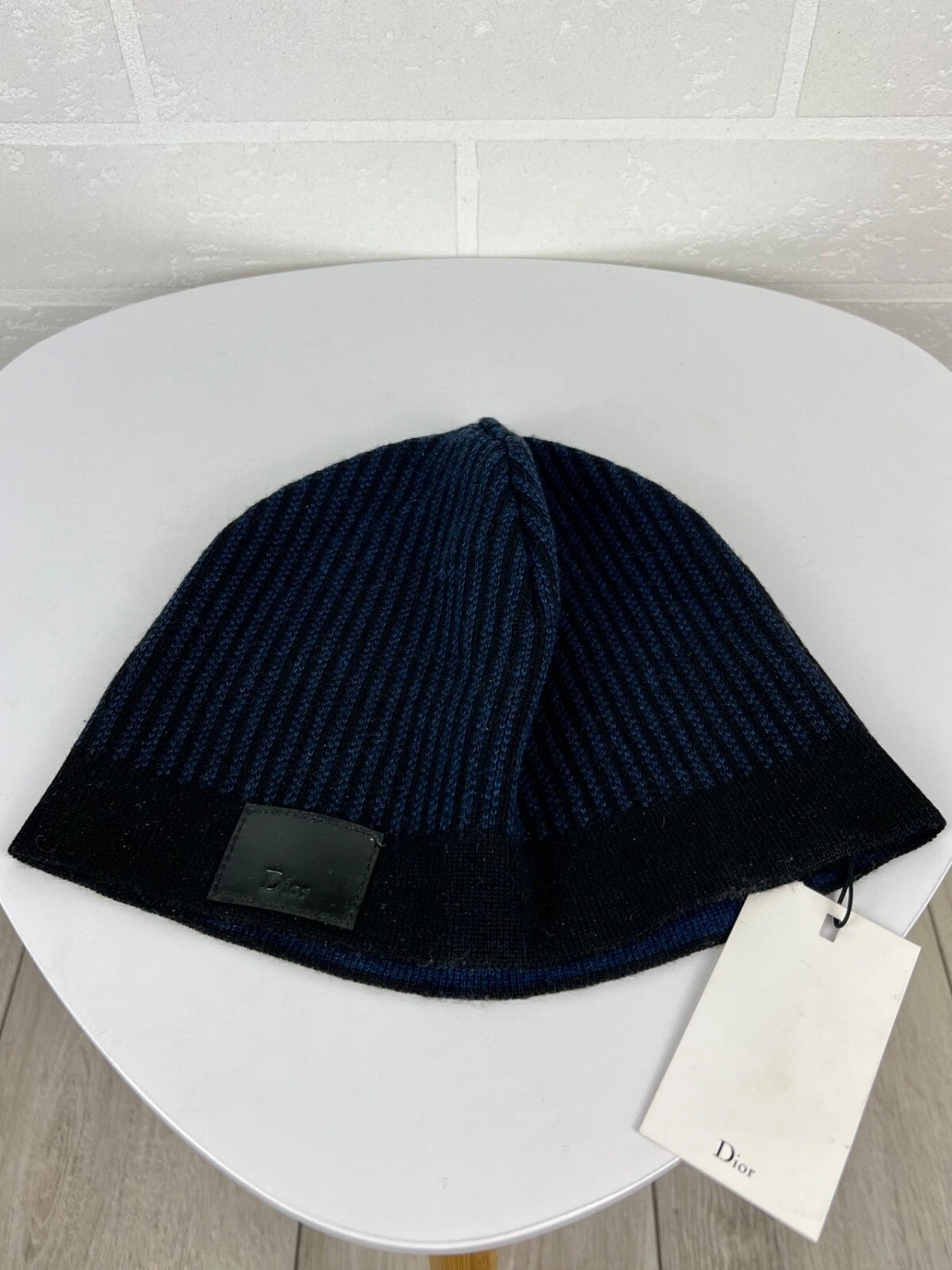 Chapeau DIOR laine 100% cuir patch logo rayé noir/bleu homme taille unique