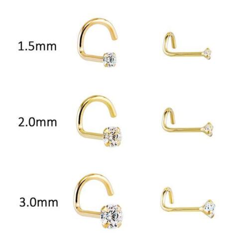 (2 pieces) 14k Gold Plated Nose Screw with Prong ROUND CLEAR CZ Gem (20g (0.8mm) - Picture 1 of 1