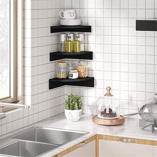 Wall Mounted Shelves 3.54"Hx12"Wx12"D Wood Corner Rectangle Black (Set of 3) - Picture 4 of 4
