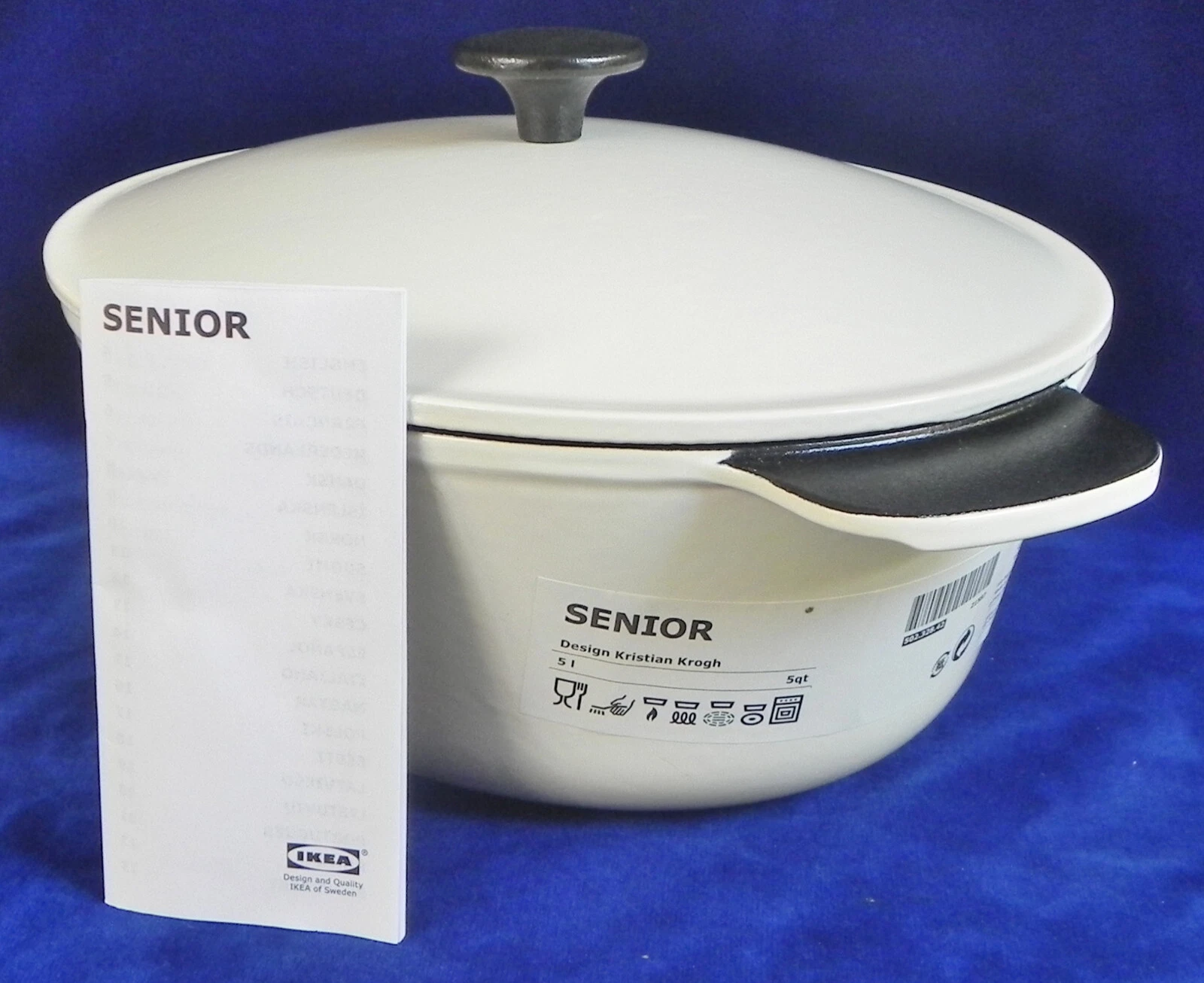 Ikea "Senior" Cast Iron Dutch Oven, 5-qt Pot + Lid, White + Black Enamel, New