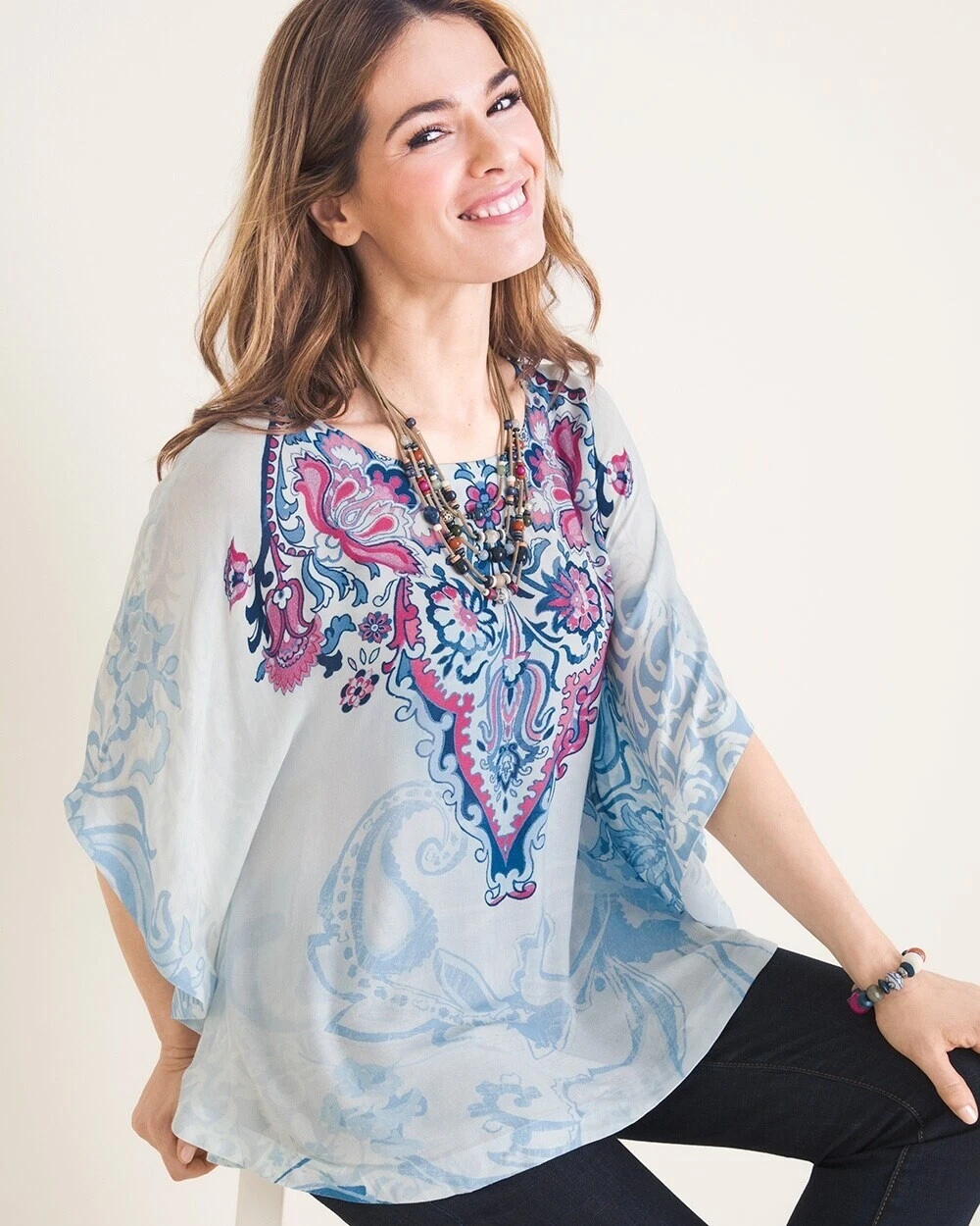Chico's Printed Poncho Top Womens S/M Coastal Boho Flowy Lightweight