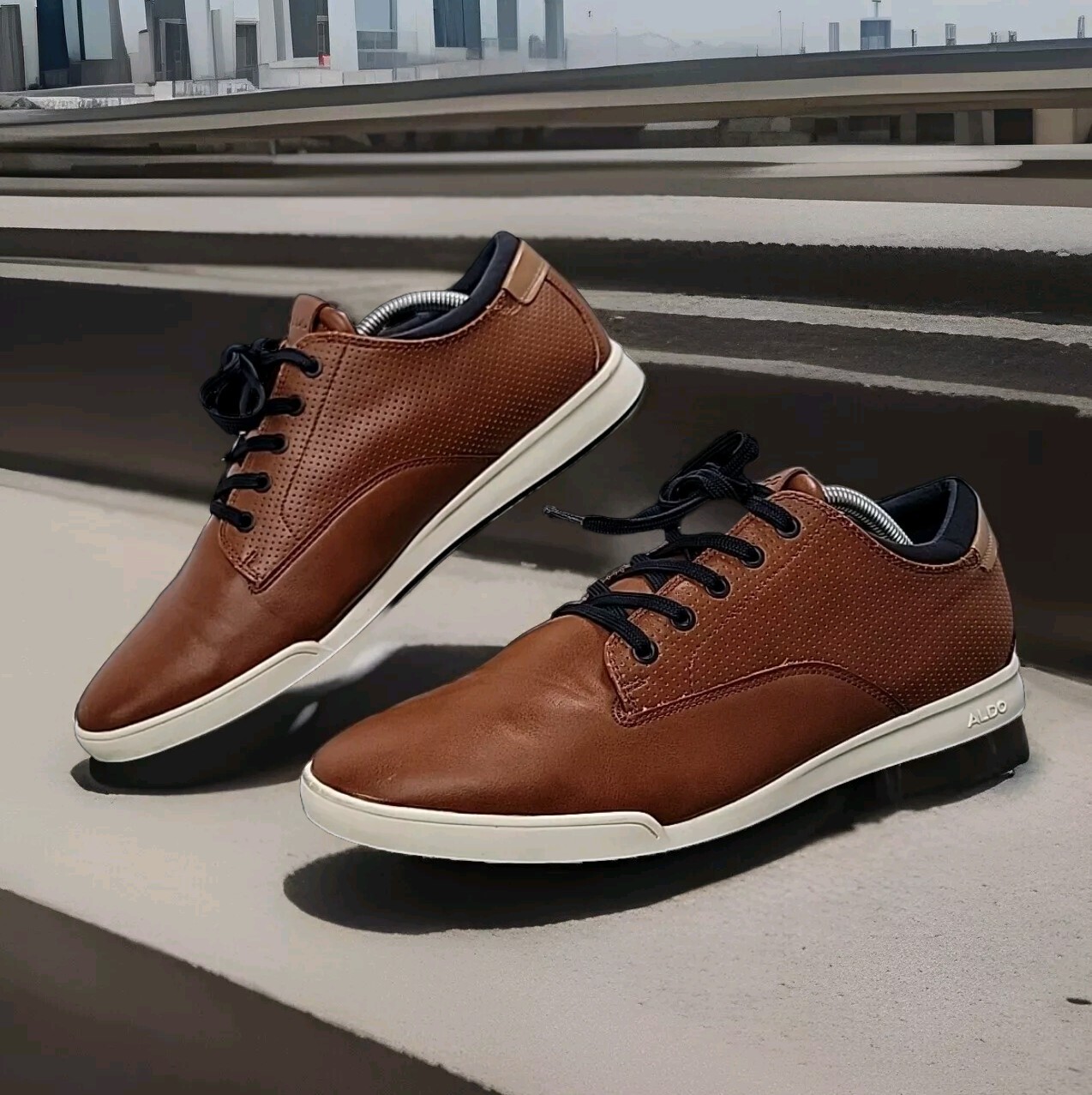 SAOLA Scarpe eleganti casual Aldo Flex uomo pelle marrone navy taglia 11 suola gomma stringate