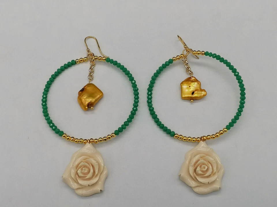 orecchini grandi cerchio da donna perle agata rose colore avorio FATTO IN ITALIA - Immagine 3 di 4