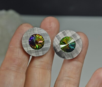 Boutons De Manchette Vintage - Rivoli Strass Bleu Sur Mesh Argenté - Occasion - Style Rétro