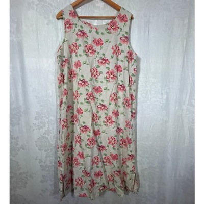 Christopher Banks Tank Dress 14 Tan Pink Floral Linen Blend Side Slit Midi VTG