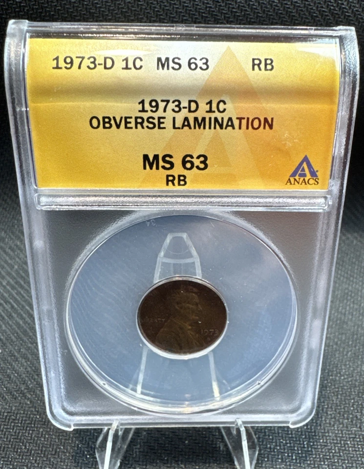 1973-D Error  Lincoln Cent Obverse Lamination Error ANACS MS 63 RB 5235305 Rare - Image 2 of 4