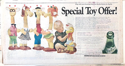 1969 Sunday comics ad for Sprite Soda  - Plush Giraffe toys, Mort Walker design