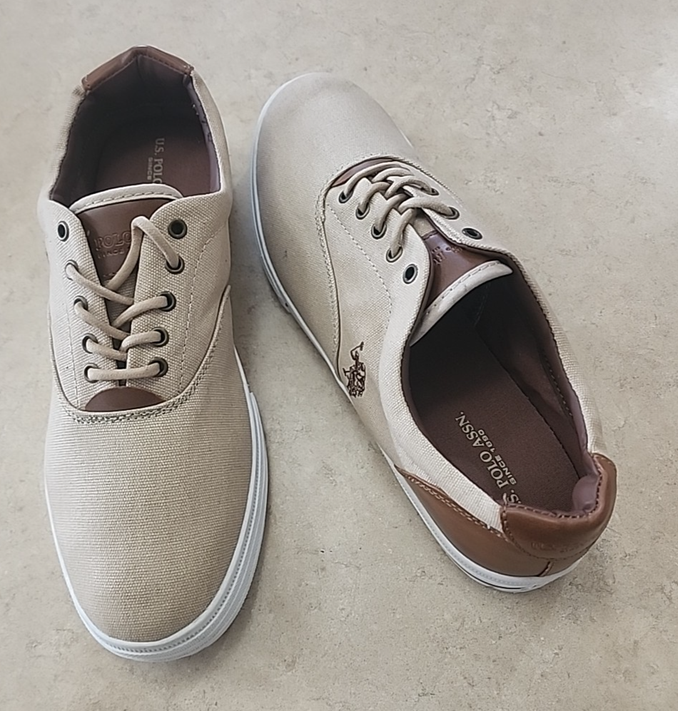 Polo Ralph Lauren scarpe uomo sneakers tela marrone e marrone logo pony taglia 11 NUOVE