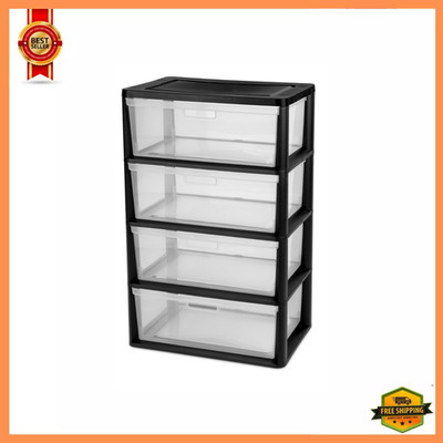 Sterilite Wide 4 Drawer Storage Tower Black Plastic Organizer