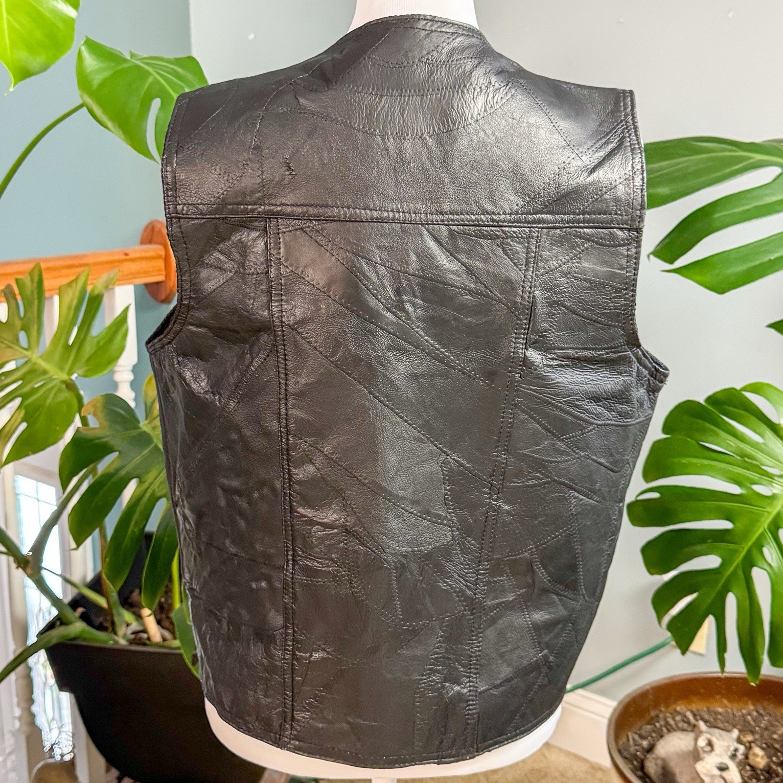 Vintage Black Leather Patchwork Snap Button Vest … - image 4