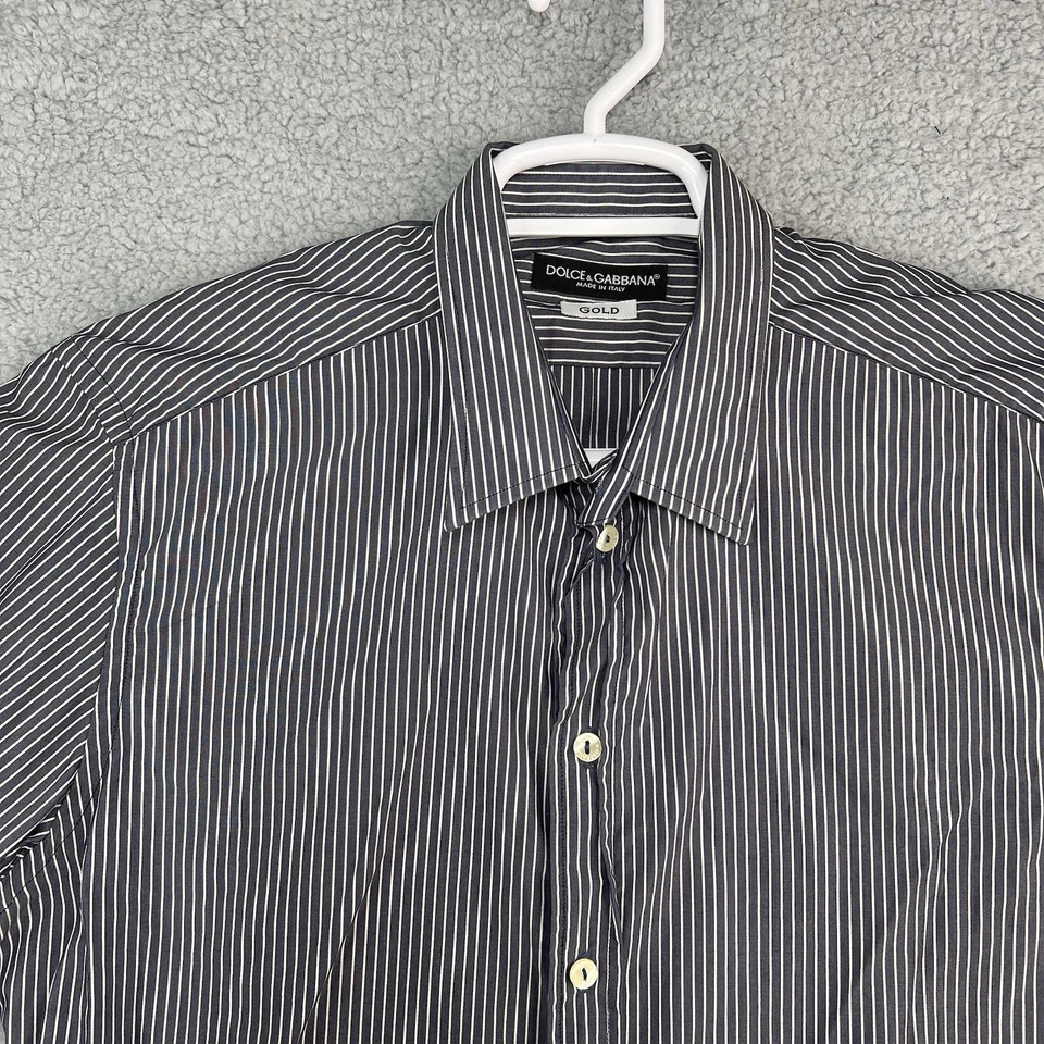 Рубашка мужская Dolce & Gabbana размер L 16/41 золотистая на пуговицах в полоску серая/белая L/S - Изображение 2 из 4