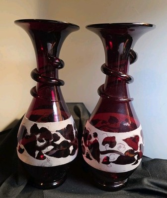 2 Bohemian Ruby Red With Frosted White Painted Overlay Vine Pattern Hand Blown 
