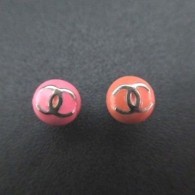 03C CHANEL COCO Mark Stud Earrings Pink Orange Women USED