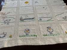 Hand Knitted Cotton Baby Blanket, Embroidered Lambs In A Meadow.