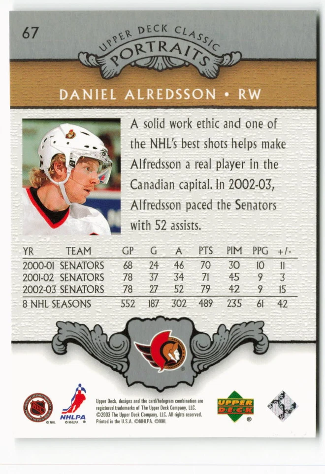 2003-04 Daniel Alfredsson Upper Deck Classic Portraits - Ottawa Senators - Image 2 of 2