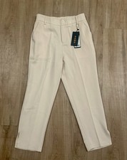 Women's Straight-Leg Dress Pants Beige Elastic Waist Button Zip