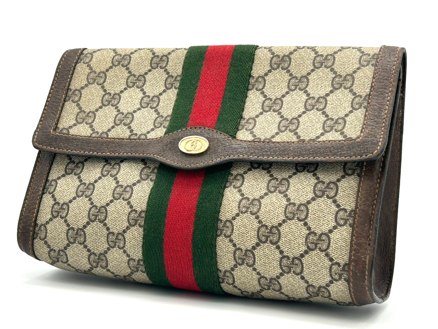 Gucci Sherry Line GG Supreme Clutch Bag PVC Leather Brown Vintage Authentic