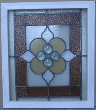 VICTORIAN ENGLISH LEADED STAINED GLASS WINDOW COLORFUL BULLSEYE 20 3/4 x 23 3/4