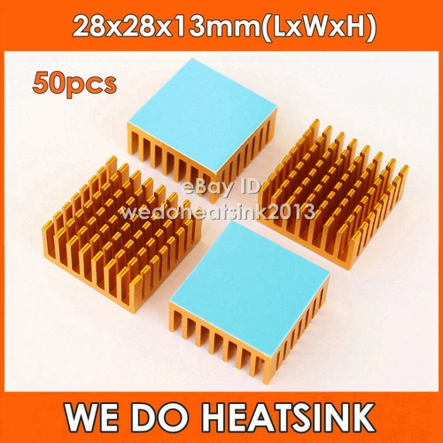 50pcs 28x28x13mm Gold Anodized and Slotted Aluminum Heatsink with Thermal Tape