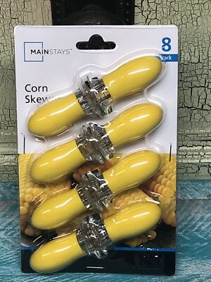Corn Skewers 8 Piece Yellow Smooth Knobs Soft Grip Stainless Steel Prongs 