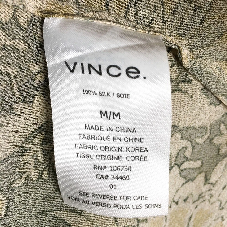 Vince Womens Blouse Green Tan Floral Long Sleeve Button Cuff Notch Neck Silk M - Image 3 of 4