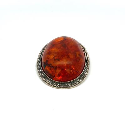 Vtg Sterling Silver Signed 925 Large Oval AMBER STONE Cabochon Brooch  Pendant