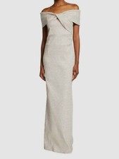 740 Teri Jon By Rickie Freeman Women's Beige Off-Shoulder Metallic Gown Size 12