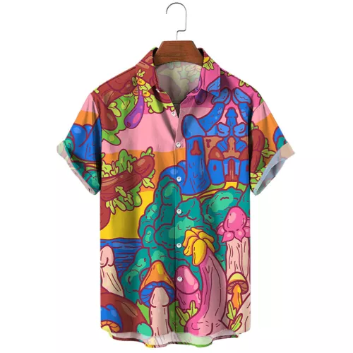Mens Novelty Button Shirt Fun 3D Printed Short Sleeve T-Shirt Hawaiian Beach-Top - Picture 8 of 17