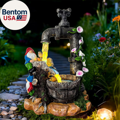 Solar Garden Gnomes Statues Outdoor Yard Decorations, 10'' Resin Fountain Gnome o