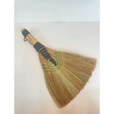 Vintage Style Handcrafted Natural Straw Whisk Broom Black Twine Green Stitching