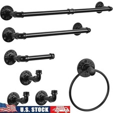 Industrial Wrought Iron Pipe Bathroom Towel Rack Hooks Paper Holder Set New