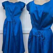 Vtg Midi Dress Royal Blue Pin Up Mod Satin 50s Style Party Prom Swing Bow Small