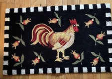 Handmade Latch Hooked Rooster  Tulips Rug 32 x 20 Black, White, Red, Gold