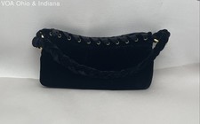Adrianna Papell Black Velvet Ribbon Lace Up Evening Shoulder Bag Gold Hardware