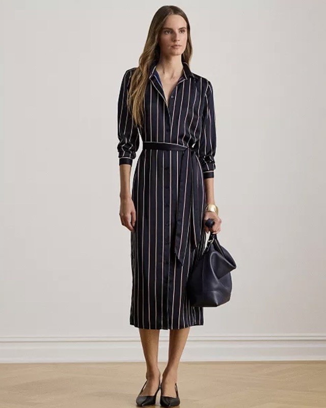$225 Lauren Ralph Lauren Women's Striped Charmeuse Shirt Dress Size 8