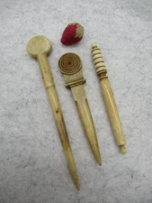 4 Pcs Collection  19th c Bone Sewing Tools-Needle Case-Strawberry Pin Sharpener