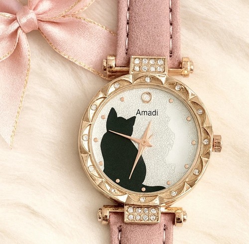 New Cute Cat Watch Bling Quartz Buckle Wristwatch Woman Christmas Gift Pink