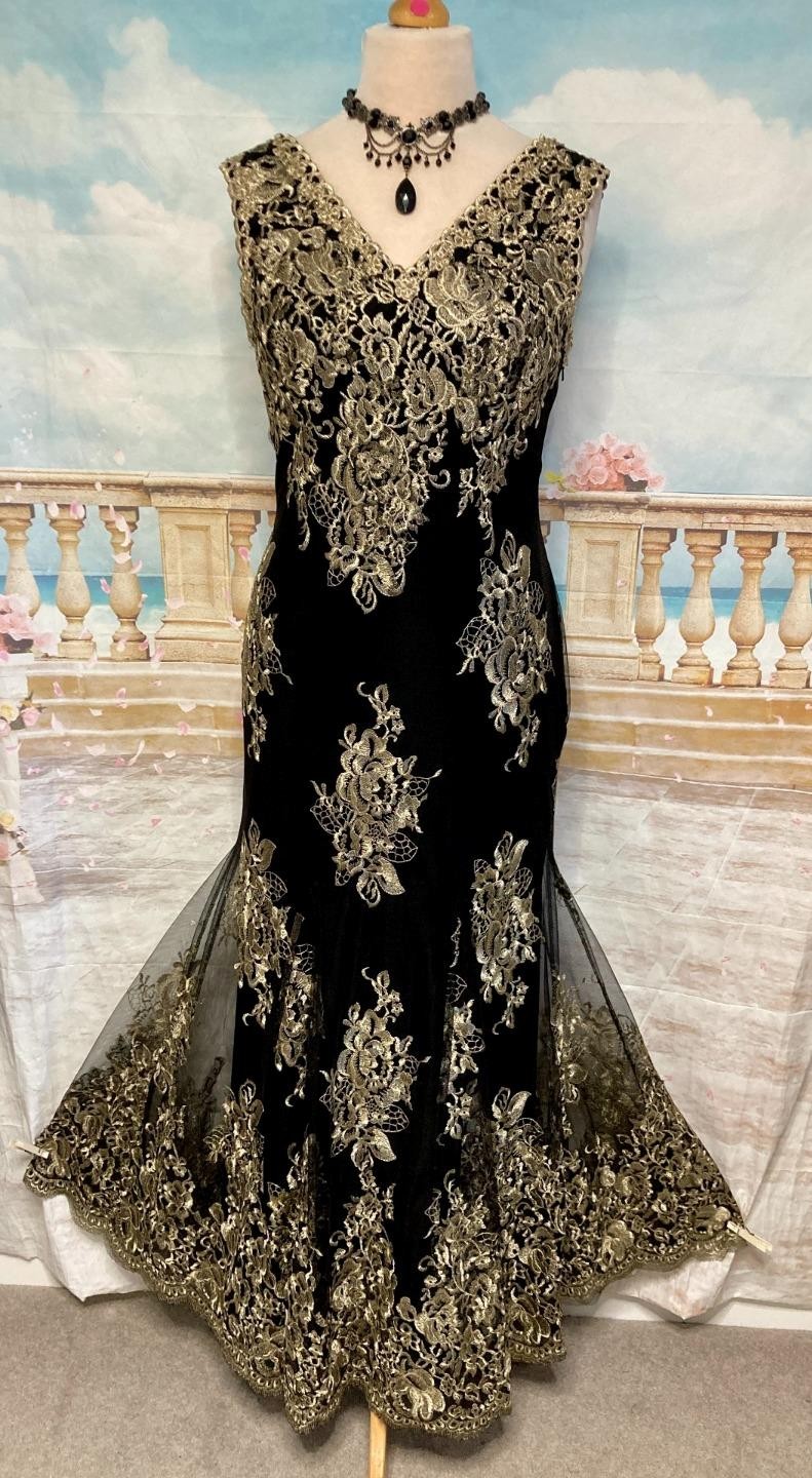 Evenin Maxi Dress 12 14 Black Gold Embroidered Lace Look Gatsby Jacques Vert