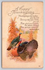 Antique Thanksgiving Postcard Turkeys Corn Pumpkins Fall Poem Made in USA