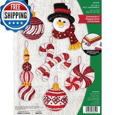 Bucilla Felt Applique 6 Piece Ornament Making Kit, Snowman's Peppermint Collecti