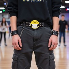 Women Men Belt Buckle Metal Yellow Smiley Face Eyes Cute Character Emoji Cartoon