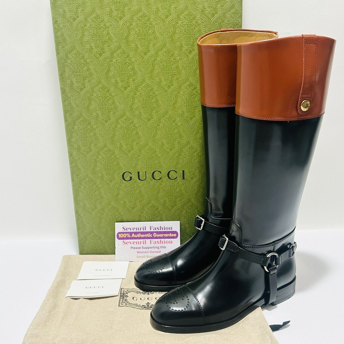 Gucci Zelda Horsebit Harness Knee High Two Tone Leather Boots US 7