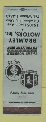 Matchbook Cover - Bramley Motors Plymouth DeSoto Cleveland OH WORN