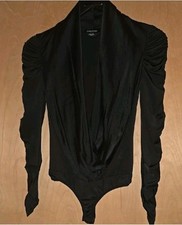 NWOT Bebe Bodysuit Black With Ruched Long Sleeves Size XXS