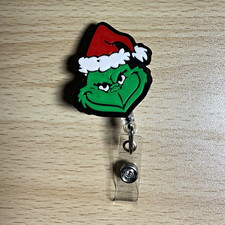 Grinch Santa Hat Retractable ID Badge Reel Holder Clip - Green/Red
